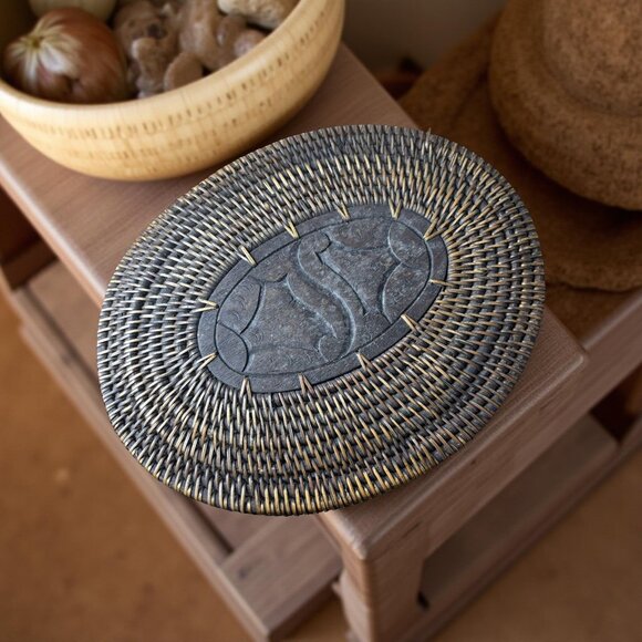 Vintage Rattan and Wood Oval Basket with Inlaid Lid – 8x6 – Handwoven Vanity or - Picture 2 of 8
